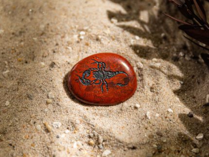 Ovaler, roter Taschenstein mit schwarzem Skorpion-Motiv liegt auf Sand