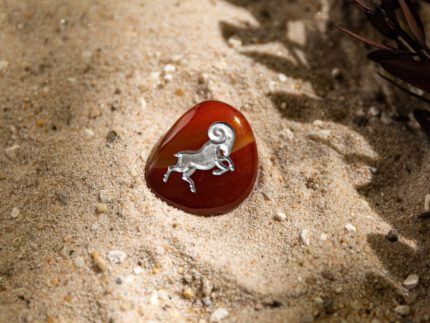 Rotbrauner Taschenstein mit Widder-Motiv liegt auf Sand